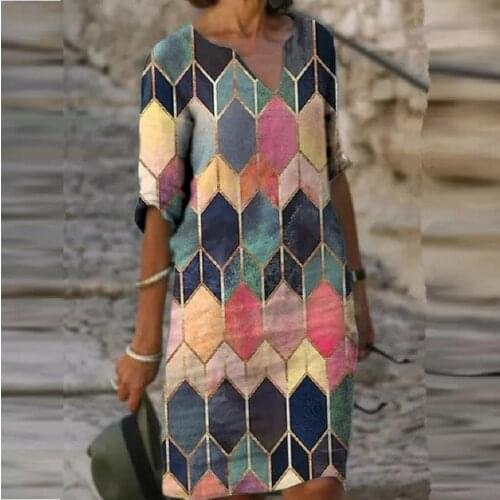 Summer Women Printed Dress Fashion Half Sleeve V-neck Dress Vintage Spring Loose Beach Female Mini Dress Vestidos Plus Size