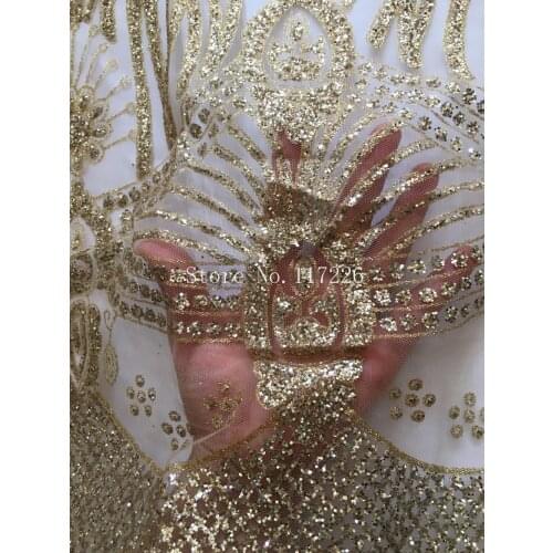 Fancy glued print glitter JRB-91108 african India dress fabric in gold color for wedding or party dress