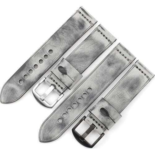 Vintage Leather Watch Strap 22mm Handmade Stitching Grey Special Brushed Watchband for Replacement Belt