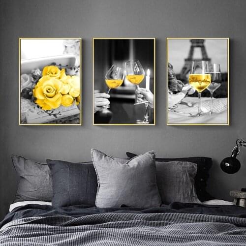 Modern Yellow Wine Clink Glasses Liquor Wall Art Painting Nordic Kitchen Wall Art Pictures Living Room Mural Decor Posters