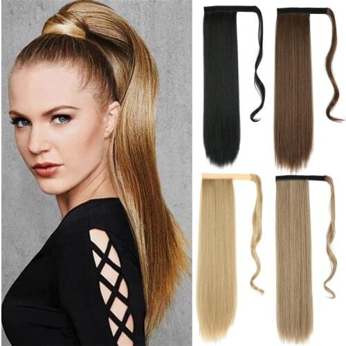 AZIR Synthetic Long Straight Wrap Around Clip on Ponytail Hair Extension Heat Resistant Pony Tail Fake Hair Brown Gray