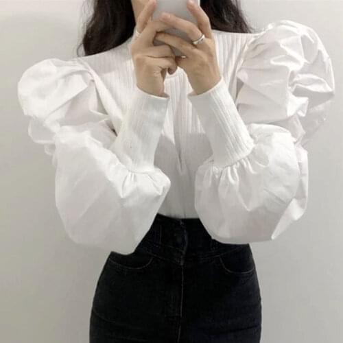 2020 Fashion Long Puff Sleeve blouse Women Elegant Office Lady Top Regular Patchwork Sexy Slim blouse Streetwear blouse