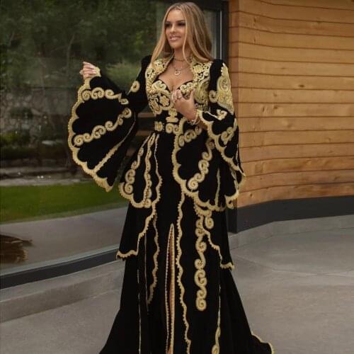 Women Long Evening Dresses Gold Appliques Sequined Prom Party Gowns Split Ruffles Sleeves Roberobe de soirée