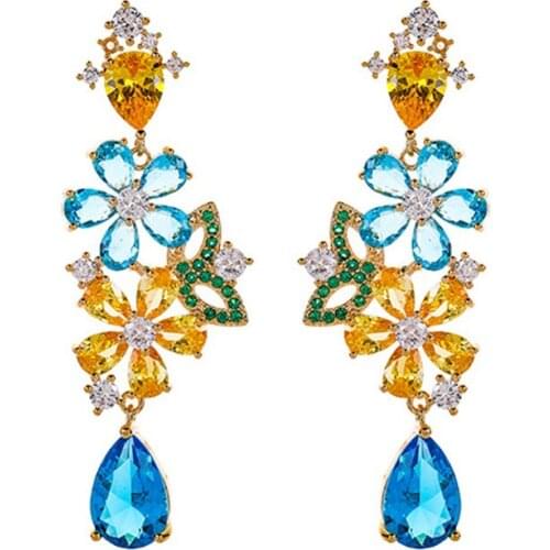 Colorful Flowers Dangle Earrings for Women Summer Sweet Romantic Wedding Dangler Jewelry Cubic Zirconia Water Drop Earings