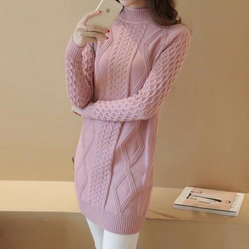 Womens Long Jumper Thick Autumn Winter Half Turtleneck Solid Long Sleeve Ladies Sweaters Casual Warm Knitted Wear for Female