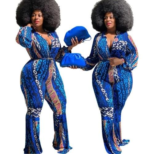 Women Color Printing Sexy Clubwear Jumpsuits 2020 Autumn Ladys Plus Size Deep V-neck Full Sleeve Skinny Bell-bottomed Rompers