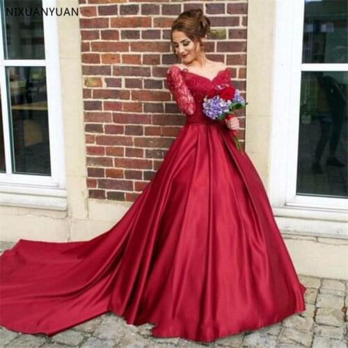 Elegant Wedding Dresses Burgundy Vintage Bridal Gown Long Sleeve V Neck Stain Lace Appliques Vestido De Novia