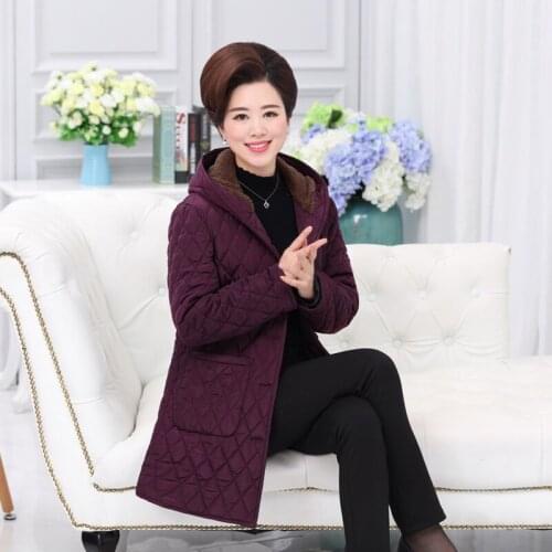 Middle-aged ladies Winter Jacket Fashion Loose Plus velvet Hooded Long Coat Single-breasted Cotton Plus size Female Warm Outwear