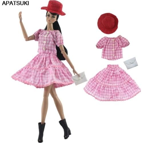 1set Fashion Plaided Doll Clothes For Barbie Doll Top Skirt Hat Bag Fashion Outfits For Barbie Dollhouse 1/6 Doll Accessories