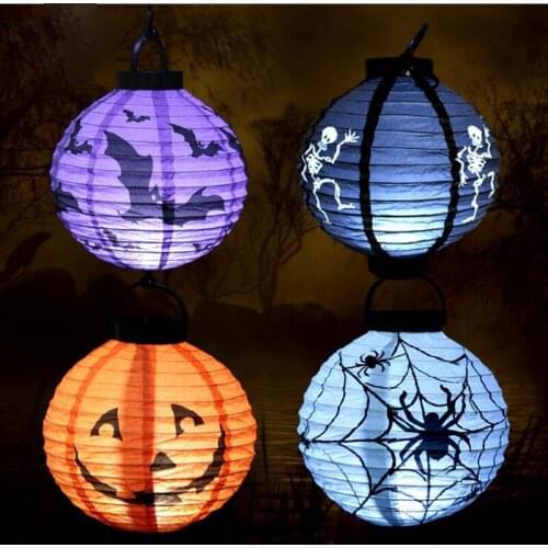 10pcs/lot Halloween Prop Pumpkin Spider Bat Skeleton Paper Lantern Portable With LED Light 20*20cm For Party Decorations