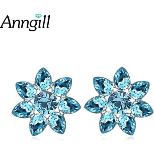 100% Crystal From Swarovski Blue Charms Flowers Stud Earrings For Women Lady Wedding Engagement Luxury Earring Jewelry Gift