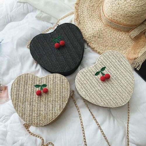 2019 Brand New Womens Straw Bag Summer Beach Chain Rattan Shoulder Bag Wicker Weave Heart Shape Crossbody Handbag