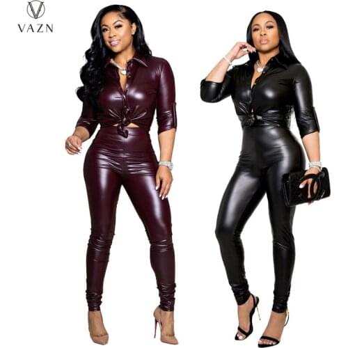 VAZN 2021 Autumn High-end Solid Young Office Lady Leather Set Open Stitch Full Sleeve Group Long Pants Slim Women 2 Piece Set