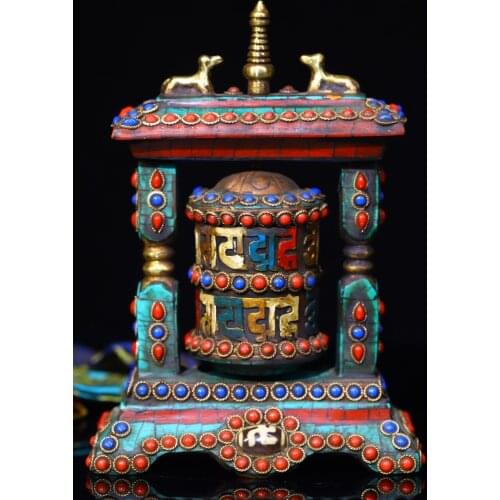 5" Tibet Buddhism Old Bronze mosaic Gem Dzi Bead Prayer wheel Dharma Scripture Town House Exorcism Ward off evil spirits