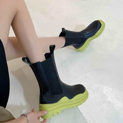 Women Boots Chelsea Thick Bottom Non-slip Sock Boots Slip on Female Round Toe Leather Ladies Shoes Casual Color Botas De Mujer