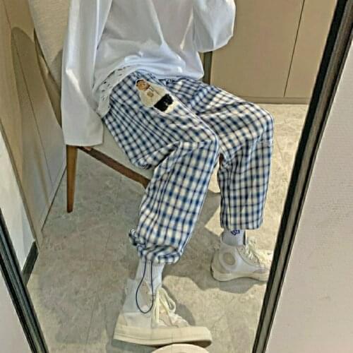 Sports and leisure plaid pants womens plus size women loose thin drawstring wide leg pants Pop versatile womens trousers New