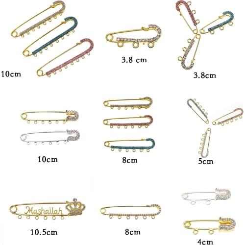 Gold Plating Alloy Rhinestone Brooches Crystal Hijab Scarf Safety Baby Pin With Loops For Children