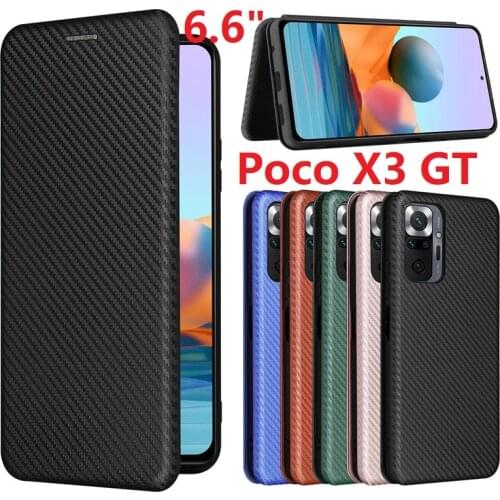 Carbon Fiber For Xiaomi Poco X3 GT Case Magnetic Book Stand Card Wallet Leather Protective Cover