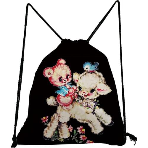 Black Backpack Sheep Bear Printed Drawstring Bags Lovely Animal Book Bag Casual Unisex Shoe Bag to School Portable Storage Bag