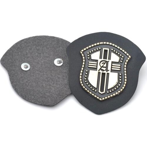 DIY black PU leather badges sew on label patch metal alloy sheild medallion light gold sportswear free shipping PLB-014