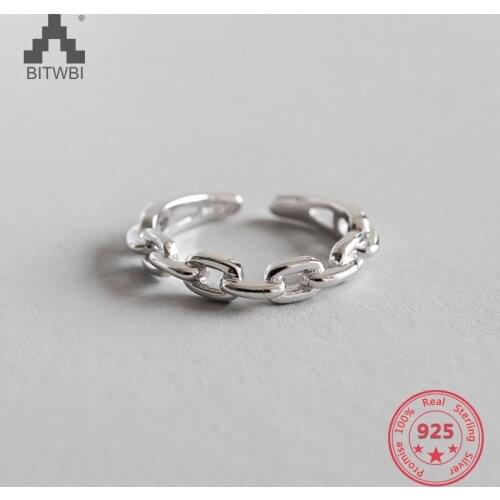 100% S925 Sterling Silver Handmade Personality Chain Smooth Open Ring