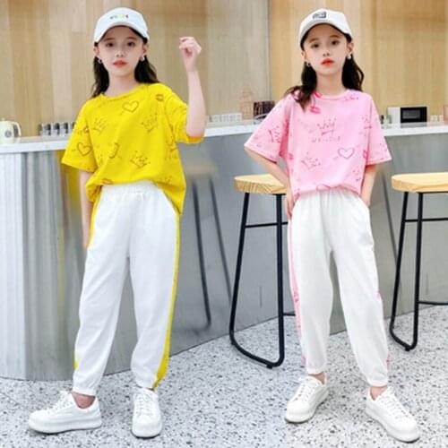 Girls Clothes Set 2021 Summer Teenage Kids Casual Sport Suit Heart Tshirt Loose Pants Fashion Two-Piece Children Tracksuit 4-13Y