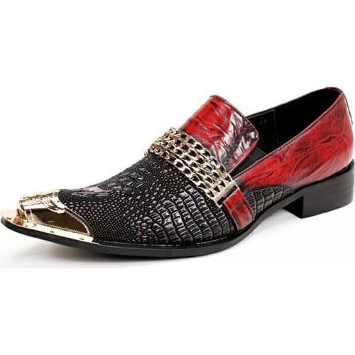 Fashion Red Genuine Leather Men Dress Shoes Metal Pointed Toe Crystal Party Wedding Men Shoes Plus Size Business Men Oxford Shoe