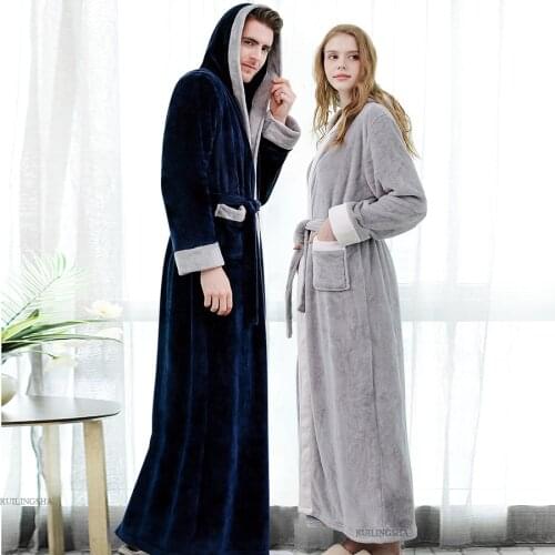 Men Winter Plus Size Thicken Warm Flannel Hooded Bathrobe Extra Long Coral Fleece Bath Robe Night Dressing Gown Women Sleepwear