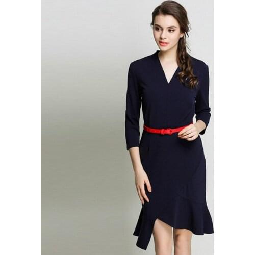 2019 Autumn New Pattern European Trend Self-cultivation Thin V Lead Package Buttocks Fish Tail Seven Part Sleeve Dress