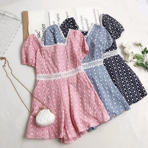 New Sweet Women Playsuits Short Sleeve Square Neck Lovely Lace Hollow Out Waist Jumpsuit Young Girl Romper Noble Overalls