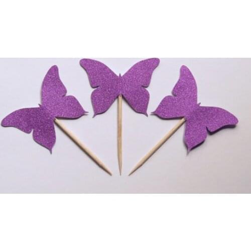 Purple Glitter Butterfly cupcake toppers rustic wedding baby shower toothpicks birthday food picks free shipping