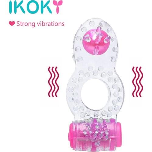 IKOKY Longer Ejaculation Dual Pleasure Silicone Vibrator G-Spot Massager Clit Stimulator Penis Cock Ring Sex Toys for Men Male