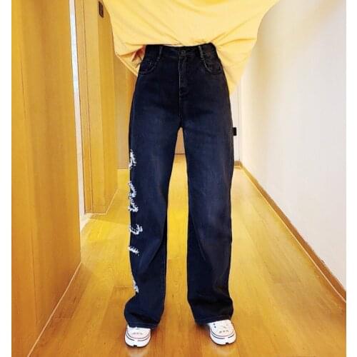 Hip Hop Loose Straight Trousers Sequined Beading Fashion Women Jeans Boyfriend Style Winter Vintage Black Wide Leg Denim Pants