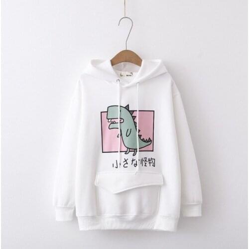 New Winter Fleece Thick Hoodies Cartoon Dinosaur Printed Cute Sweatshirt Womens Clothes Sweet Hooded Drawstring Pullover Tops