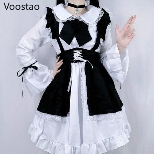 Japanese Vintage Gothic Lolita Dress Women Cute Black White Lace Ruffles Tea Party Maid Dress 2 Piece Sets Girls Punk Dresses