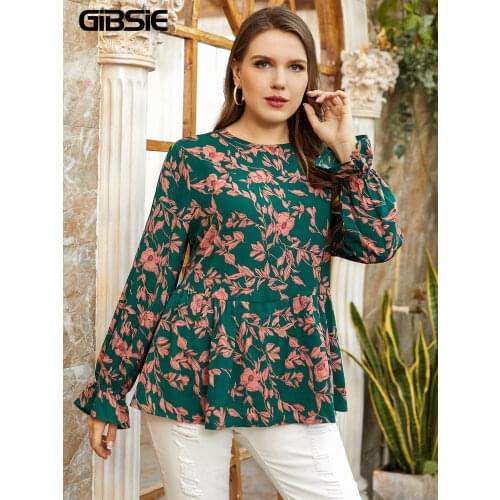 GIBSIE Plus Size Keyhole Back Peplum Top Blouse Women Spring Summer O-Neck Long Sleeve Female Casual Print Blouses Big Size 4XL