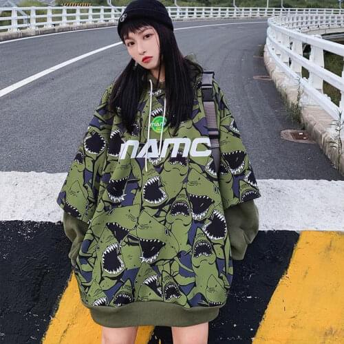 2021 hip-hop couple ins fake two-piece shark pattern full print loose hedging womens hoodie plus size kawaii hoodie