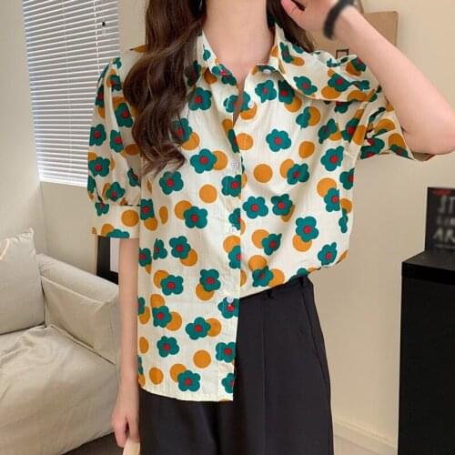 Women Vintage Floral Print Blouse Casual Short Sleeve Female Tops Shirts V-neck Streetwear Office Ladies Blouse Top