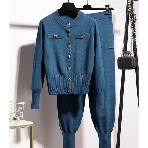 Spring Casual Knitted Set Women Tracksuits 4 Color Cardigan Sweater Long Pencil Pants Two Piece Outfits Female Loose Knit 2pcs