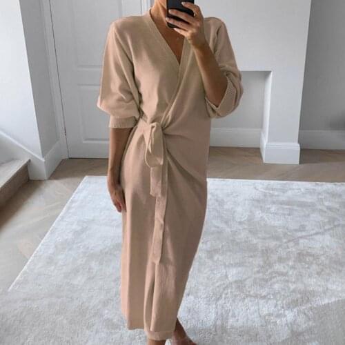 Women Knit Sweater Casual Lace-up Long Skirt For Ladies Solid Color Slim Long One Piece Dress Casual Full Sleeve Clothing