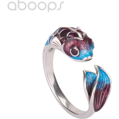 Chinese Style 925 Sterling Silver Enamel Fish Ring for Women Girls Adjustable Size 6-8,Free Shipping