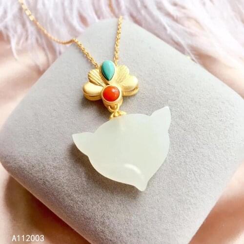 KJJEAXCMY Fine Jewelry 925 Sterling Silver inlaid Natural gemstone white jade Female Pendant Necklace lovely Support test