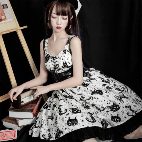 Gothic Lolitas Design Diamond Star Lolita Cat Print Jsk Dress Women Sleeveless Cute Sexy Maid Anime Girls Cosplay Tea Party Goth