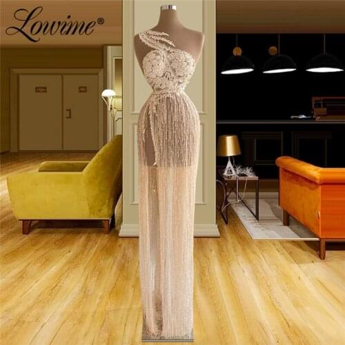 Lowime Champagne Beading Tassel Evening Dresses Long Customized Mermaid Women Prom Dress Dubai Arabic Applque Party Gowns Robes