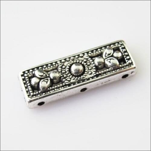 10Pcs Antiqued Silver Color 3Holes Flower Spacer Beads Bars Charms Connectors 9x26mm