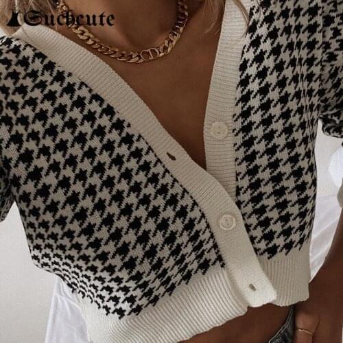 SUCHCUTE 2020 Streetwear Modis Longslive Houndstooth Woman Cardigan Sweaters Korean Style Vintage Female y2k Cropped Sweater
