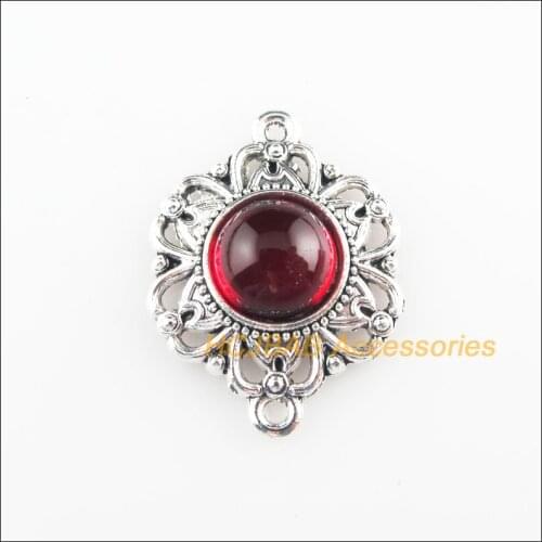 8 New Flower Charms Red Glaze Round Connectors Tibetan Silver Tone 21.5x28mm