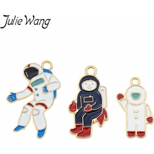 Julie Wang 6PCS Enamel Astronaut Charms White Black Aviation Gold Tone Necklace Bracelet Earrings Jewelry Making Accessory