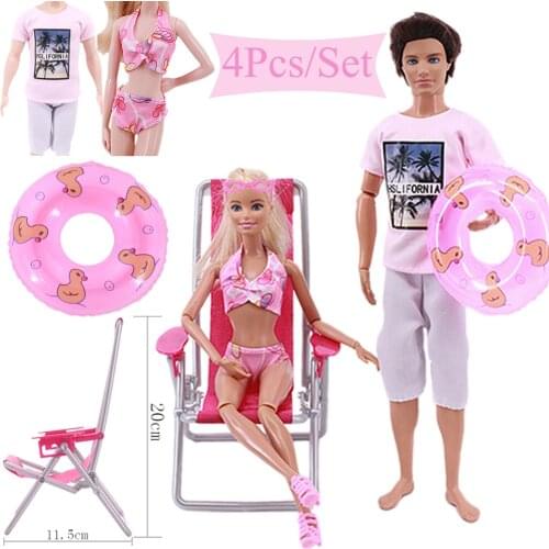 Free Shipping 3Pc=1Fashion Summer Swimsuit Bikini+1Swimming Buoy Lifebelt Ring+1Pink Beach Chair Accessories for Barbie Doll Toy