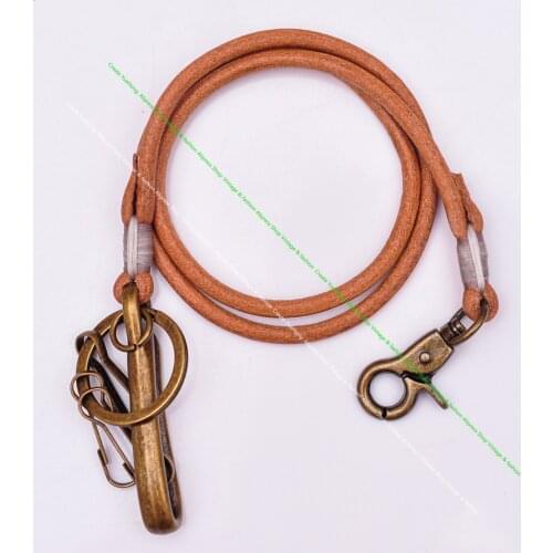 30" Quality Biker Motorcycle Trucker 5mm Tan Handmade Long Strong Leather Key chain Jean Wallet Chain Brass U Hook Clip
